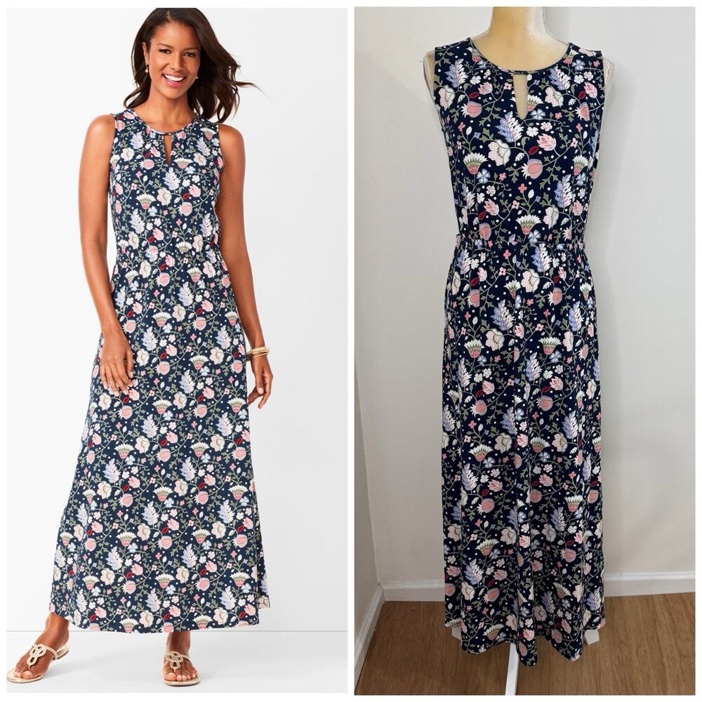 NWT Talbots Keyhole Floral Maxi Dress Size S Navy Multicolo Stretch